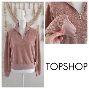 Topshop neutral teddy jacket bouclé 1/2 zip pullover sweatshirt pink blush tan 4